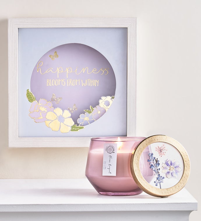 Happiness Blooms Shadow Box and Candle Gift Set